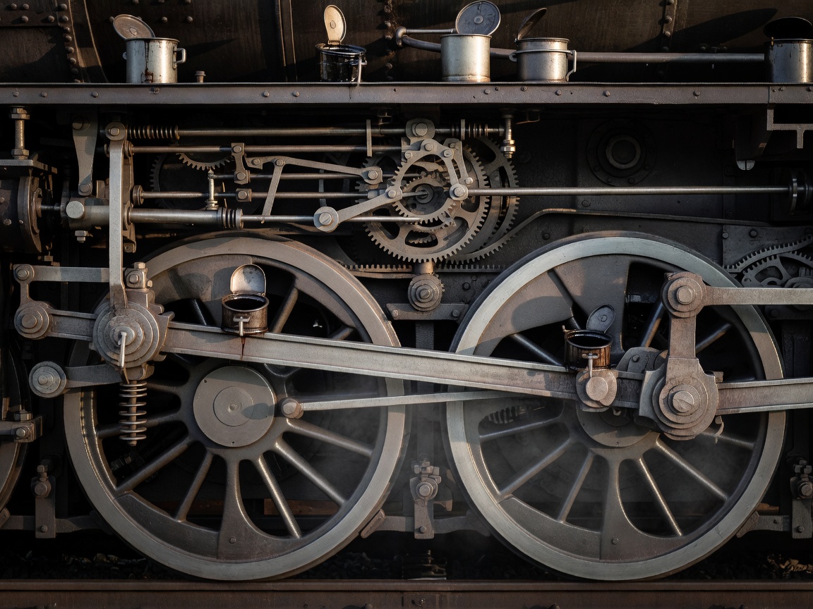 Detailed close-up of steam locomotive driving wheels, coupling rods, Walschaerts gear, and lubrication pots