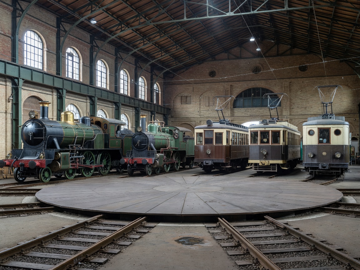 European railway museum turntable hall showing historic steam locomotives and early electric railcars