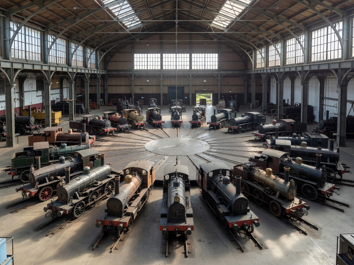 Expansive railway museum hall with historic locomotives arranged radially around a central mechanical turntable