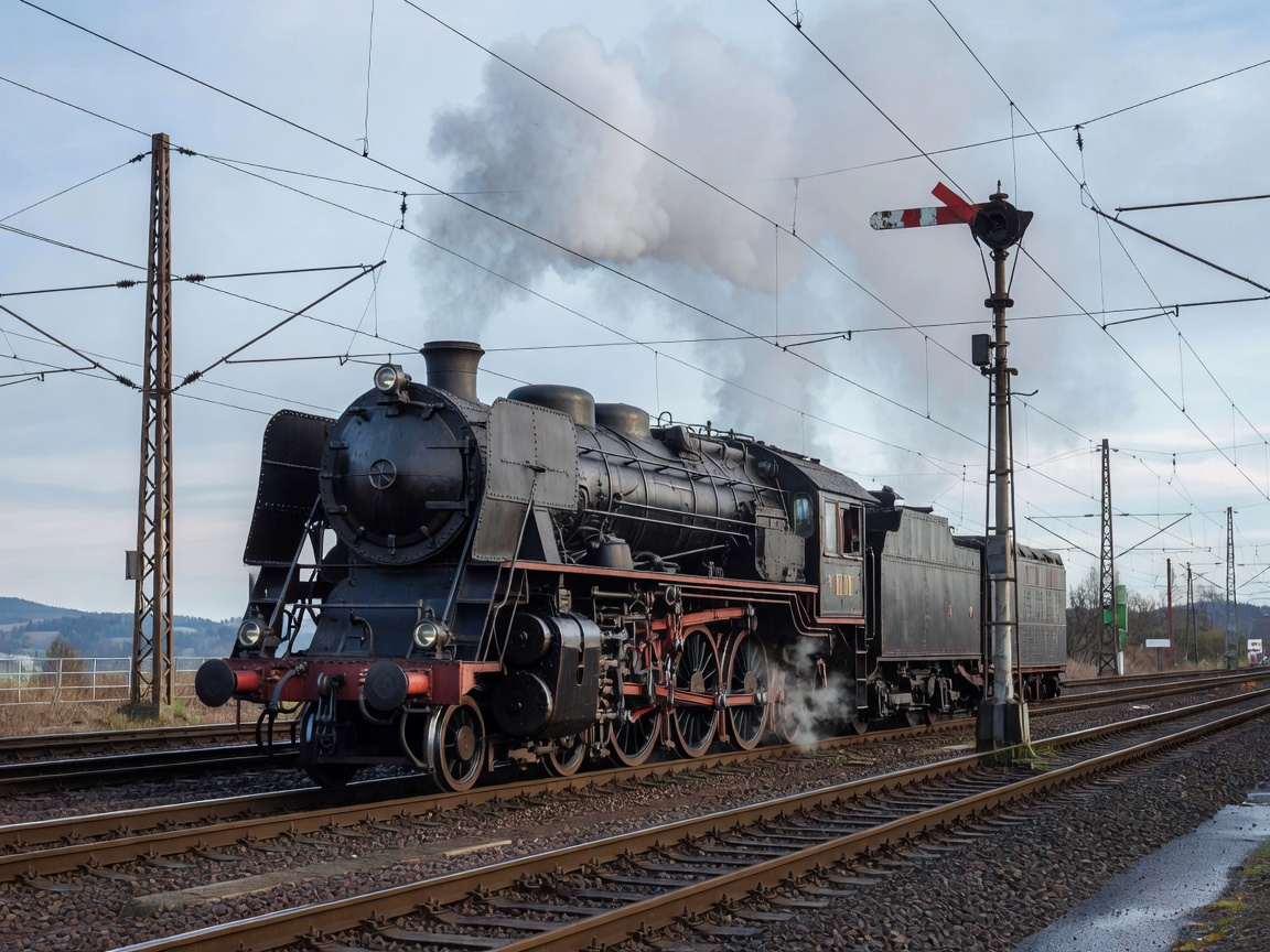 Historic European locomotive steam engine on operational tracks with catenary and signals
