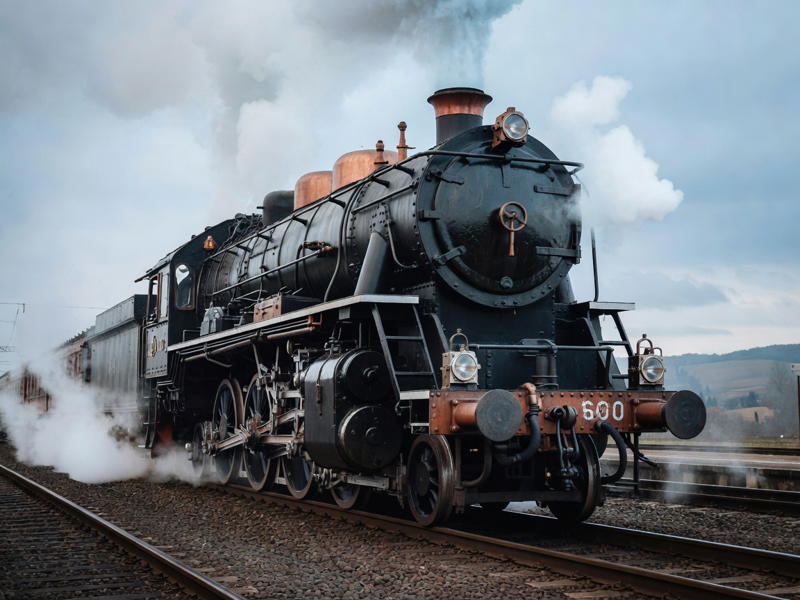 Historic European steam locomotive in full steam with polished copper caps and driving rods