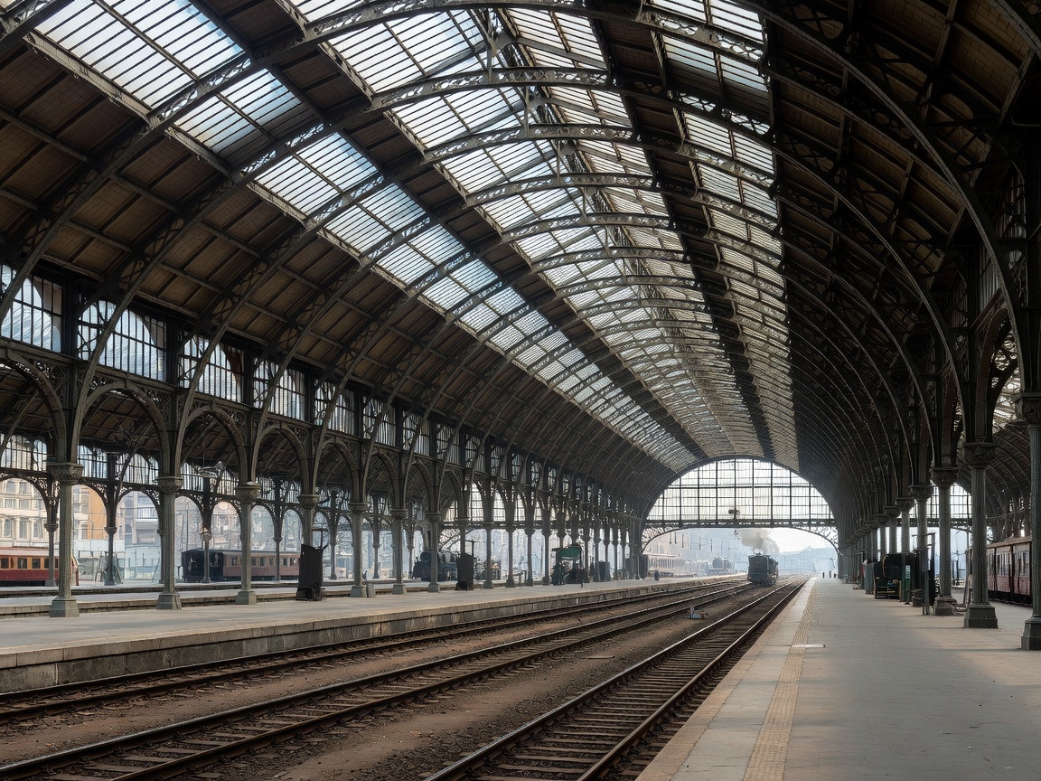 Iron and glass barrel-vaulted roof over passenger platforms in a historic European railway terminal
