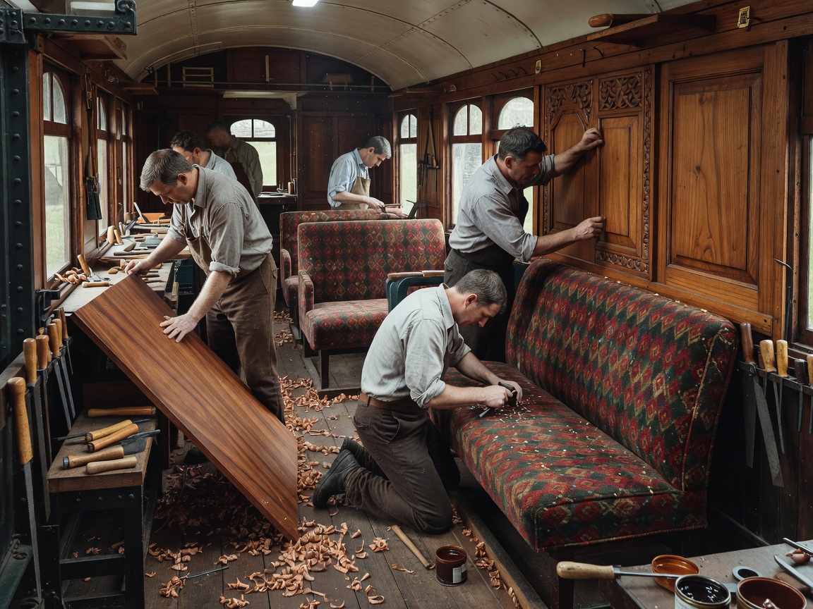 Joiners working on teak panel woodwork and moquette upholstery inside a vintage railway coach workshop