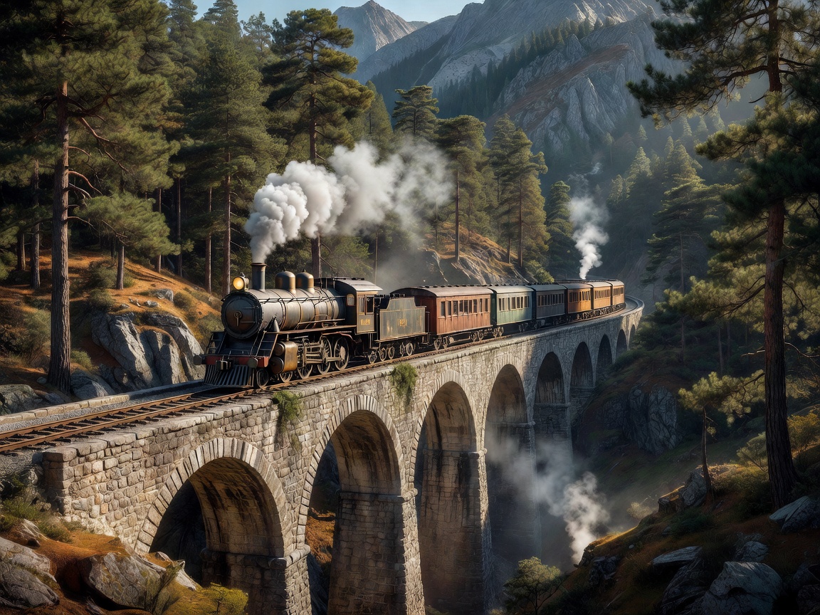 Preserved heritage steam train traversing a dramatic mountain viaduct surrounded by pine trees