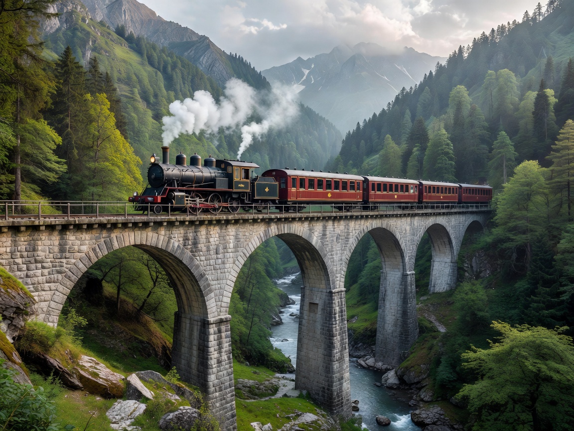 Preserved steam passenger train crossing an arched stone viaduct through a forested European mountain valley