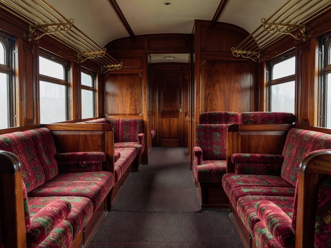 Restored interior compartment of a historic European railway carriage with varnished woodwork, brass luggage racks, and moquette seating