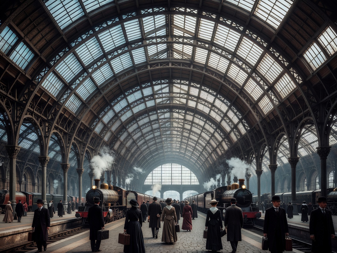 Spectacular barrel-vaulted iron and glass roof span of a grand historic European railway terminal station